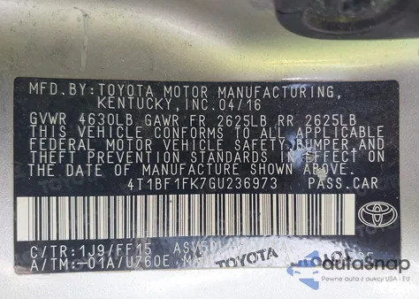 2016 Toyota Camry Se из США, поврежденный, VIN 4T1BF1FK7GU236973